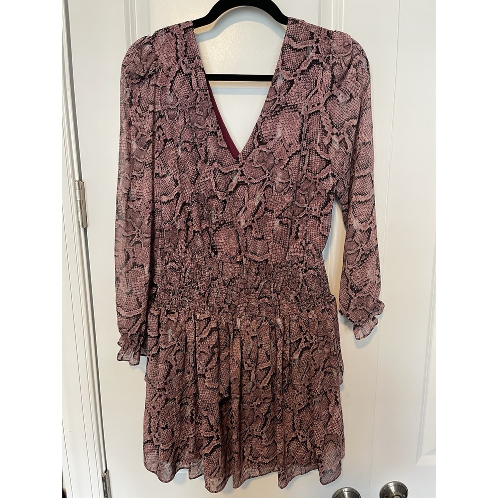 1. State V Neck Smocked Tiered Ruffle Mini Dress in Pink Snakeskin XS